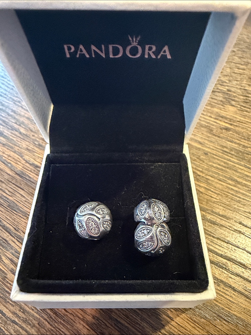 Pandora Silver Round Filigree Stud Earrings with Black Accents